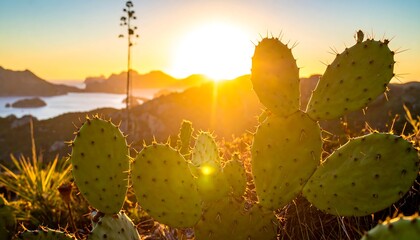 Sunset illuminates a cactus against a coastal backdrop, silhouetting mountains and a calm sea
