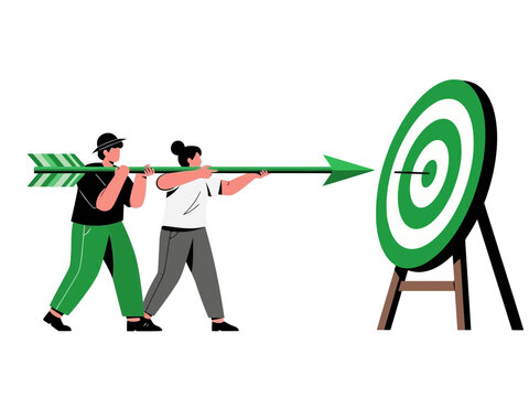 Two people holding a giant green arrow towards a target board in teamwork