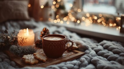 Cozy winter scene with hot chocolate and Christmas lights