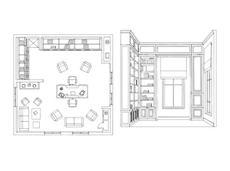 Office and Home Study Interior Design – CAD Floor Plan Furniture Vector Illustration © RNB DESIGN