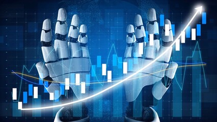 Robotic hands display a sophisticated data visualization with upward trends, symbolizing the integration of advanced technology in finance and analytics. Copula