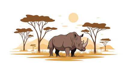 Obraz premium Large brown rhinoceros standing in a dry african savanna landscape with scattered acacia trees and mountains under a warm bright sun.