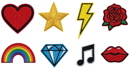 Embroidered patch set including heart, star, lightning bolt, rose, rainbow, diamond, music note, and lips isolated. Fashion accessory and craft collection.