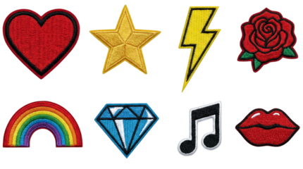 Embroidered patch set including heart, star, lightning bolt, rose, rainbow, diamond, music note, and lips isolated. Fashion accessory and craft collection.