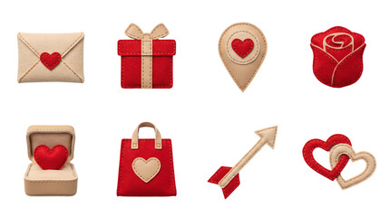 Valentine's Day felt set including envelope, gift box, map pointer, rose, ring box, shopping bag, arrow, and linked hearts isolated. Romantic craft collection.