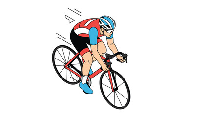 Obraz premium Male professional cyclist in a red and white jersey and helmet riding a racing bicycle with motion lines indicating high speed and agility.