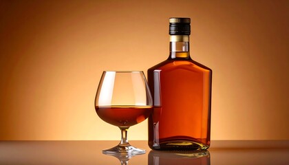 Bottle of aged brandy and a snifter glass on a reflective surface with a warm background.