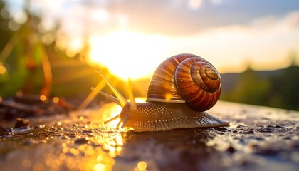 Macro shot of a snail gliding across a wet surface, basking in the warm golden sunset light