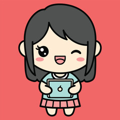 Cartoon girl with black hair holding a blue tablet smiling with a pink background