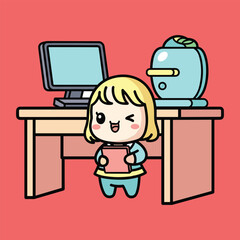 Cute cartoon girl with blonde hair sitting at a desk with a computer and a robot