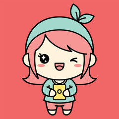 Cute cartoon girl with a watermelon hat holding a yellow book and two pears