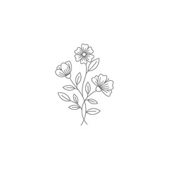 Delicate Floral Illustration with Outlined Petals and Leaves on White Background