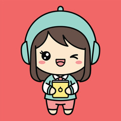 Cartoon girl with headphones and tablet on pink background