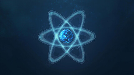 Glowing blue atom structure with orbital rings and central nucleus