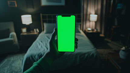 Person Holding Smartphone with Green Screen Chroma Key in Dark Cozy Bedroom Setting for App Mockup and Digital Lifestyle Concept