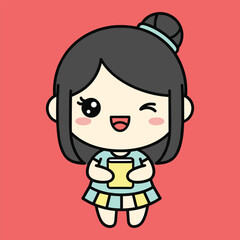 Cute cartoon girl with black hair and blue outfit holding a yellow book