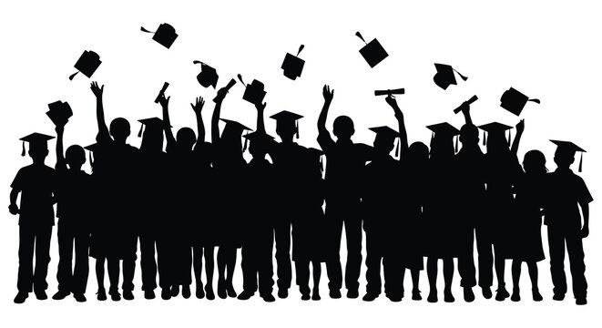 A jubilant group of graduating students celebrate their achievement by tossing caps into the air depicted as a striking silhouette