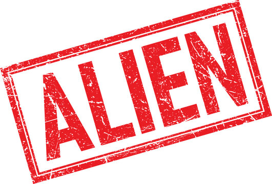 Red Grunge Alien Text in Distressed Rectangular Rubber Stamp Impression on White