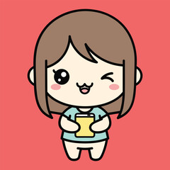 Cute cartoon character with brown hair holding a smartphone and winking