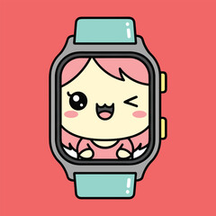 Cute cartoon character with a ponytail inside a smartwatch with a pink background