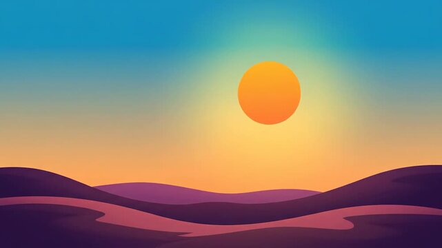 Stylized vector animation of a glowing orange sun rising over smooth purple and orange desert sand dunes with a clear gradient blue sky background. Perfect for travel intros and meditation.