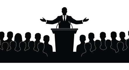 A formal presentation is underway featuring a speaker at a podium before a seated audience rendered as a striking silhouette © mrvect02