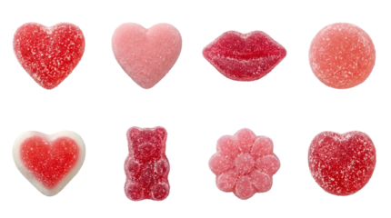 Gummy candy set including hearts, lips, bear, flower, and circle shapes isolated. Sweet sugary snack and confectionery collection.
