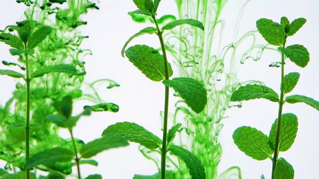 Abstract green ink in water forming mint leaf shapes on white background