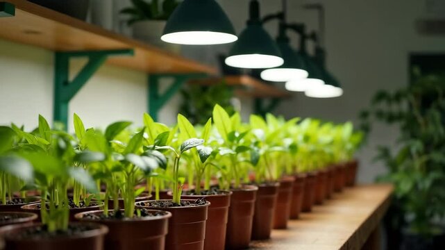 Young green seedlings in pots growing under indoor grow lights. A row of small plants in a nursery for indoor gardening. Agriculture and horticulture technology concept