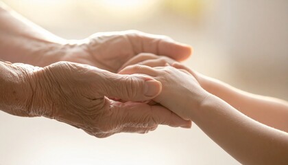 Intergenerational bond concept with young hand holding elderly wrinkled hand