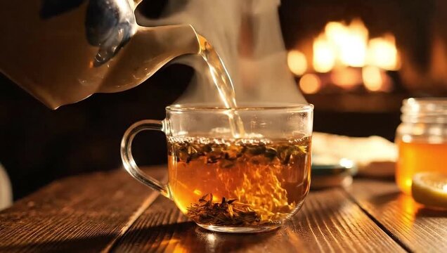 Warmth and Aroma: A captivating scene captures the essence of tranquility as freshly brewed tea is gently poured into a clear glass cup, complemented by a soft.