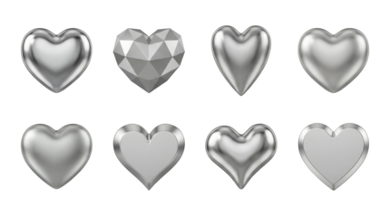 Silver metallic heart set including glossy, faceted, brushed, and beveled variants isolated. Romantic jewelry and luxury design collection.