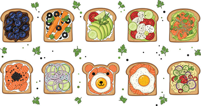 Creative open sandwich toast vector set with salmon avocado vegetables fruits eggs and cute animal food designs