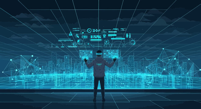 Immersive digital frontier person navigating futuristic cityscape in augmented reality interface