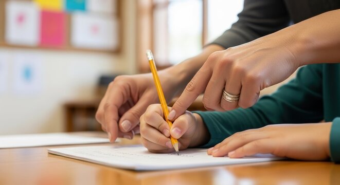 Adult guiding child&rsquo;s hand as they write with pencil on notebook, nurturing mood, learning moment against classroom backdrop with copy space