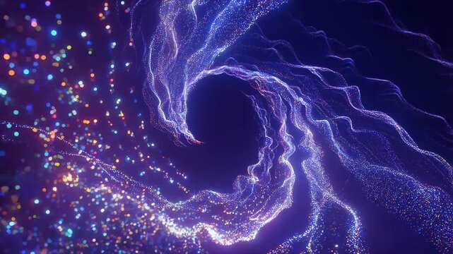 Abstract swirling light patterns in vibrant colors creating a mesmerizing tunnel effect. Ideal for backgrounds in digital art, music videos, and futuristic themes