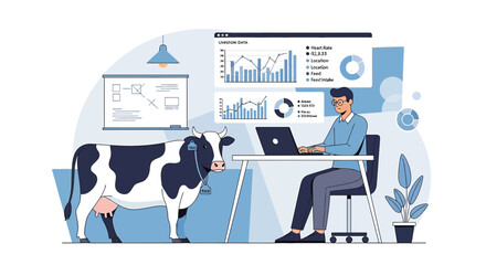 Man analyzing livestock data next to a cow illustrating technology integration in farming practices