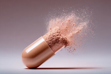 A single pharmaceutical capsule exploding with fine pink powder against a soft gradient background