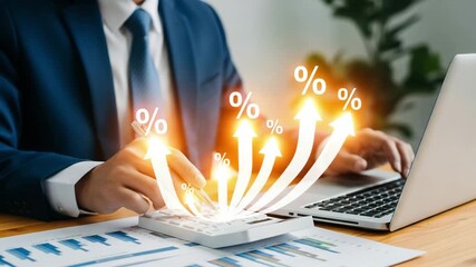 Calculating financial success: businessman analyses rising percentages and interest rates motion animated video. - Powered by Adobe