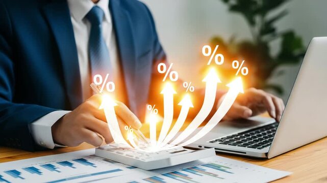 Calculating financial success: businessman analyses rising percentages and interest rates motion animated video.