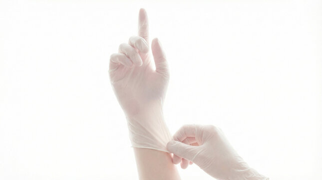 Experiment science people point show up concept. Close up photo of professional experienced doctor putting on white sterile rubber gloves isolated on white background copyspace empty blank place