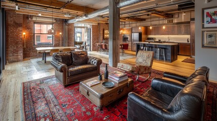 Obraz premium Cozy urban loft interior with warm lighting and rustic charm in a modern setting