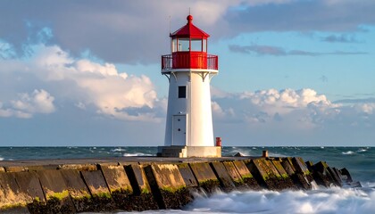 A tall, white lighthouse with a red top stands against a cloudy sky on a stone pier
