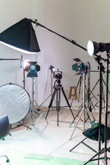 Professional video studio set up with lighting equipment