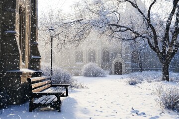 Snowfall covers a serene park with benches and trees in a quiet winter setting