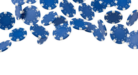 Falling Blue Casino Chips, Gambling Concept, Isolated on White Background
