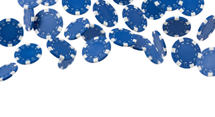 Falling Blue Casino Chips, Gambling Concept, Isolated on White Background