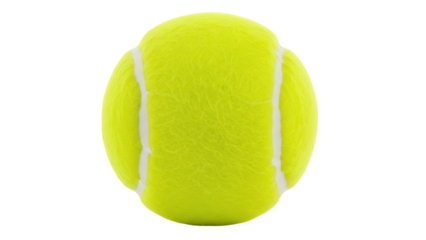 Bright yellow tennis ball PNG isolated on transparent background, sports equipment for tennis match and recreational activity