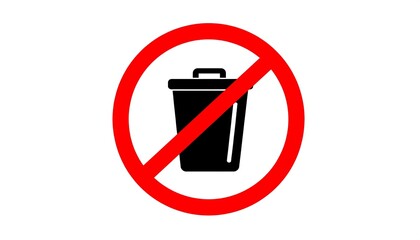 Graphic sign of a trash bin crossed out with a red diagonal line, against a white background