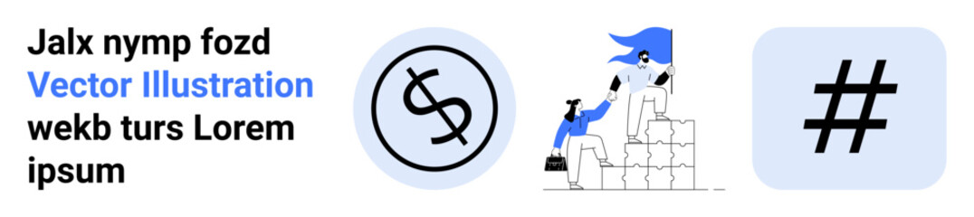 Obraz premium Dollar icon, workers climbing blocks, metadata tag creativity, teamwork, progress, growth, economy, organization finance. Ideal for blog headers websites business strategy financial apps